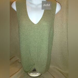 Marled Soft Knit Green Sleeveless V-neck Knot Front Sweater Top Size M